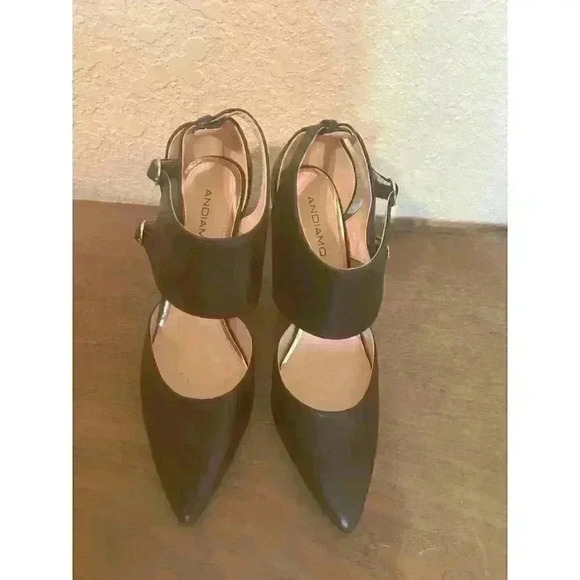 Andiamo Womens Black‎ Leather sz 7.5 Two Buckle Stiletto Heels - Picture 5 of 11